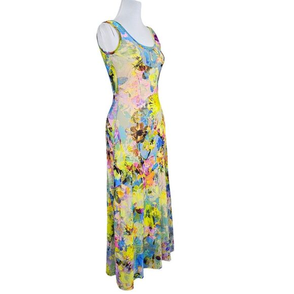 FUZZI Italy M Floral‎ Watercolor Print Sleeveless Tank Stretchy Mesh Maxi Dress - Picture 8 of 10